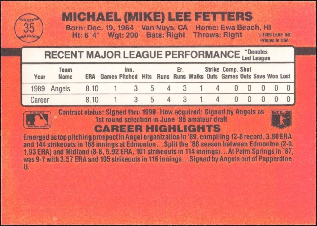 1990 Donruss Mike Fetters #35 baseball trading card back
