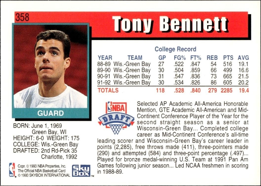 1992-93 Skybox NBA Hoops Series 2 Tony Bennett #358 basketball trading card back