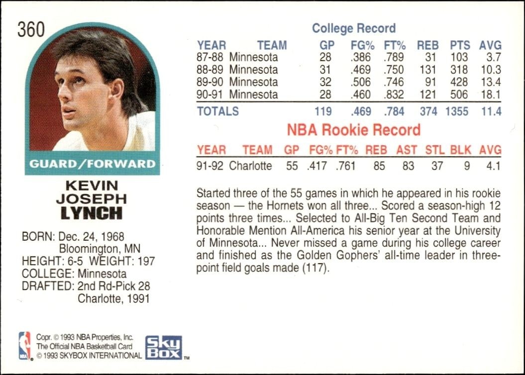 1992-93 Skybox NBA Hoops Series 2 Kevin Lynch #360 basketball trading card back
