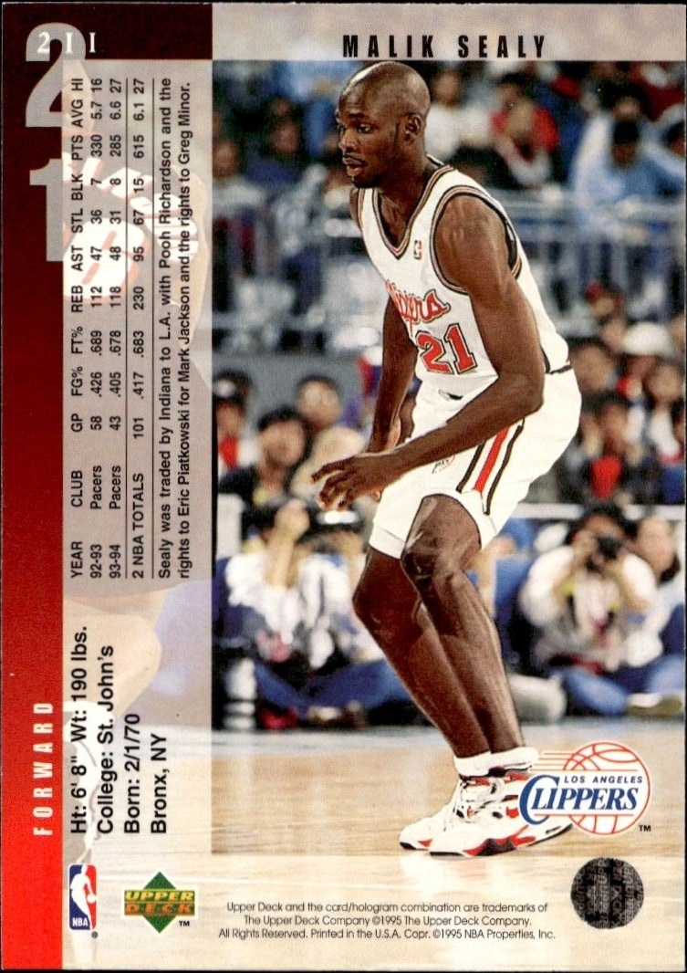 1994-95 Upper Deck Malik Sealy #211 basketball trading card back