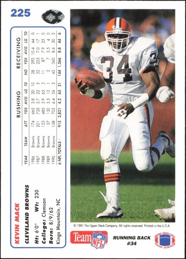 1991 Upper Deck Kevin Mack #225 football trading card back