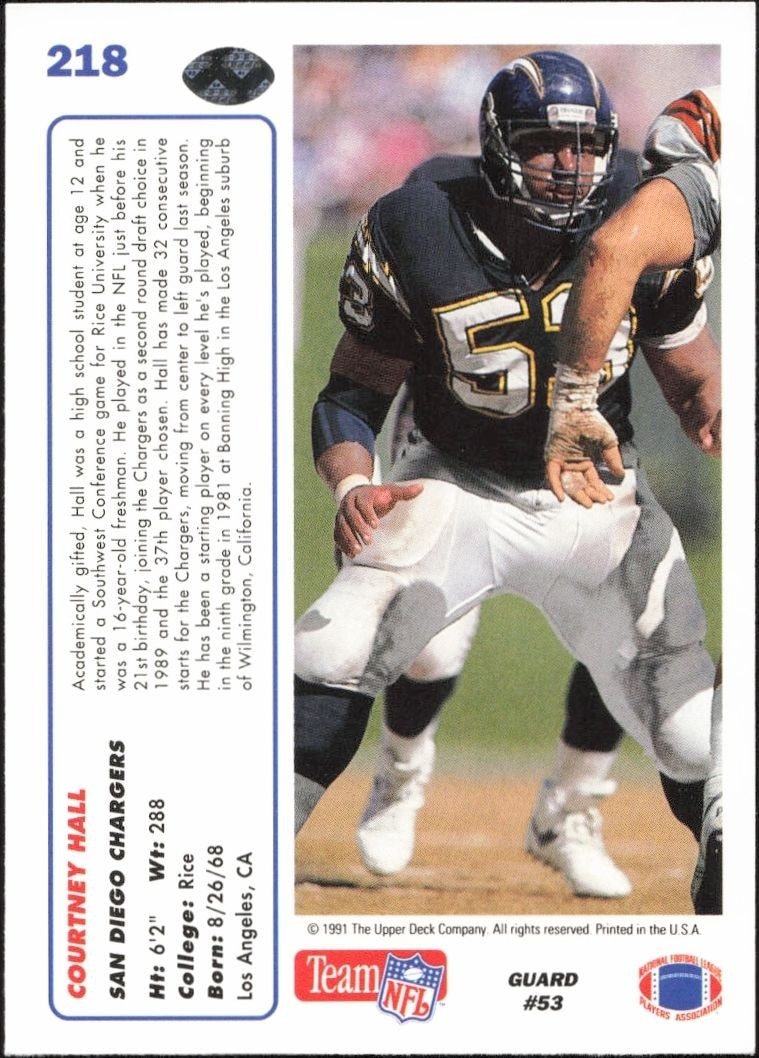 1991 Upper Deck Courtney Hall #218 football trading card back