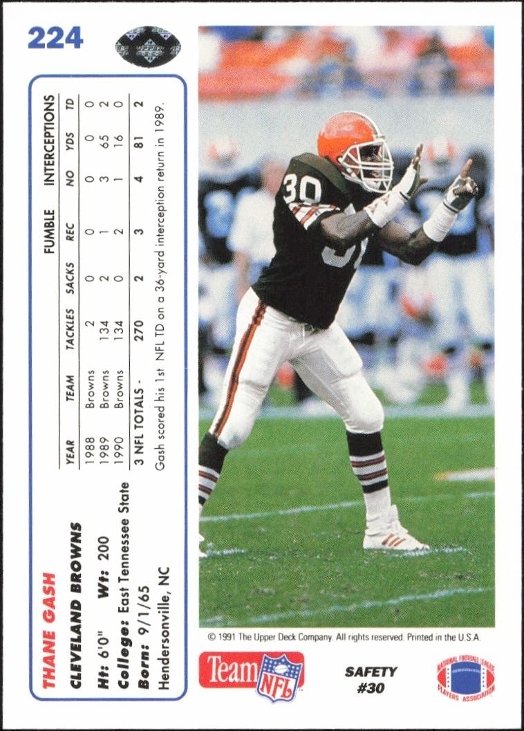 1991 Upper Deck Thane Gash #224 football trading card back