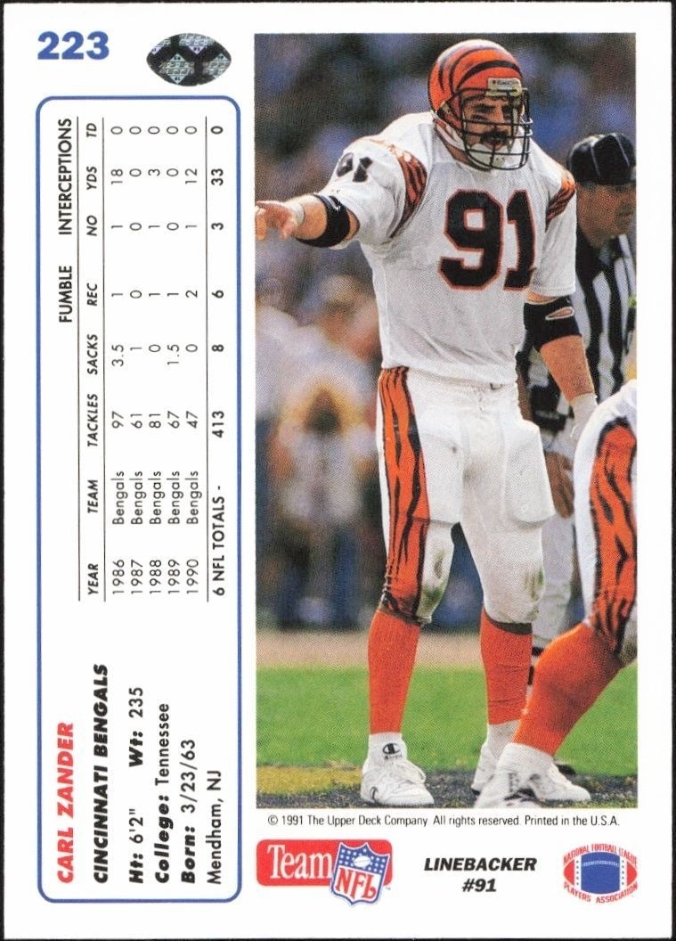 1991 Upper Deck Carl Zander #223 football trading card back