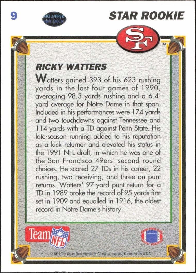 1991 Upper Deck Ricky Watters #9 football trading card back