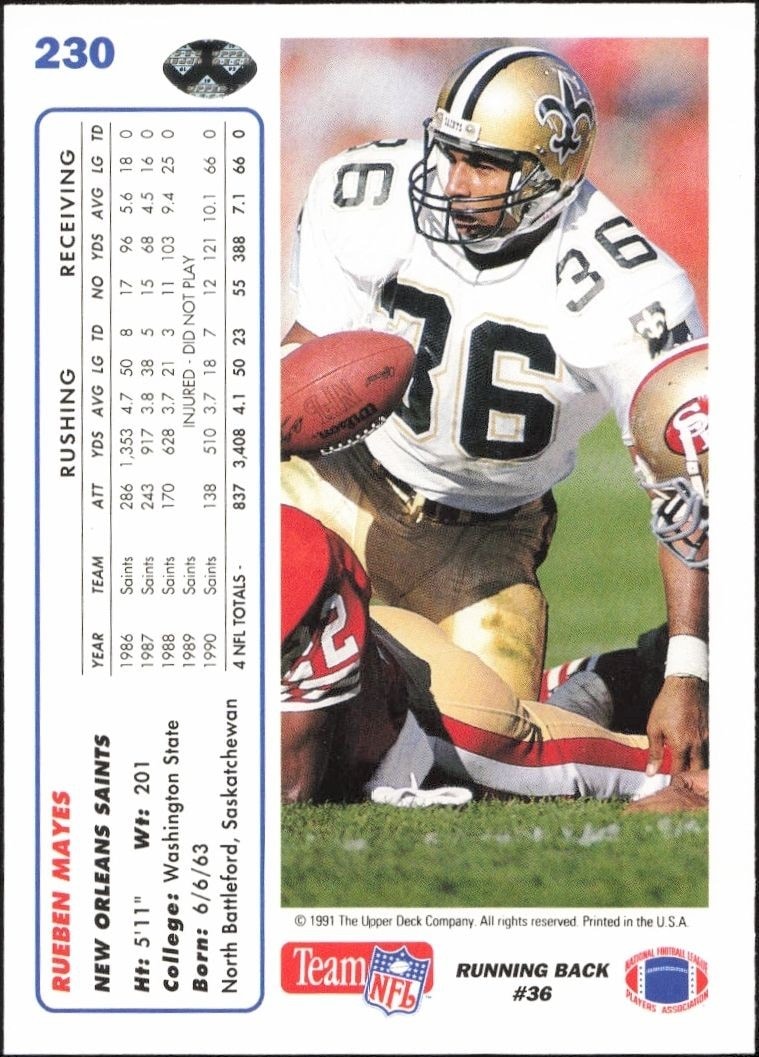 1991 Upper Deck Rueben Mayes #230 football trading card back