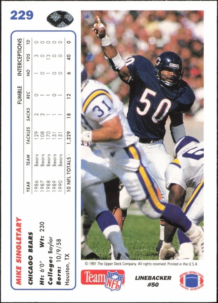 1991 Upper Deck Mike Singletary #229 football trading card back