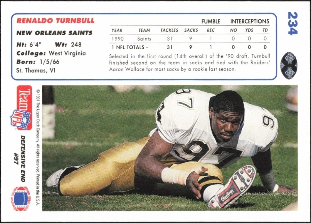 1991 Upper Deck Renaldo Turnbull #234 football trading card back