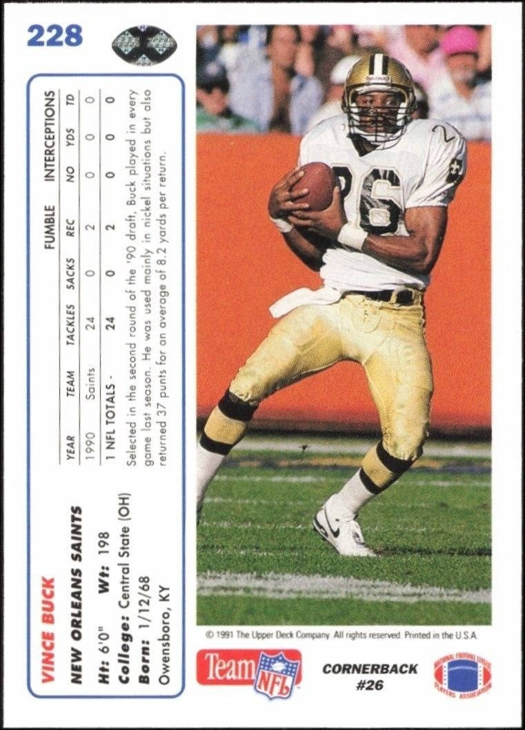 1991 Upper Deck Vince Buck #228 football trading card back