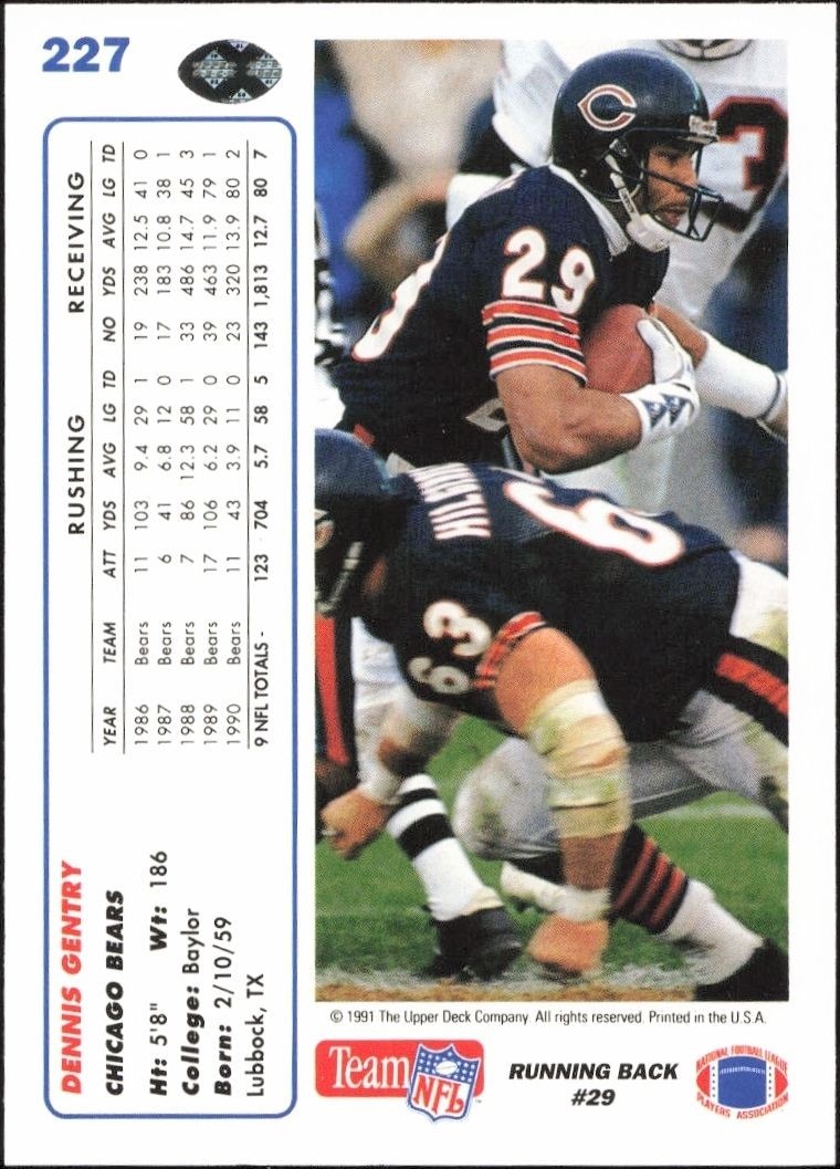 1991 Upper Deck Dennis Gentry #227 football trading card back