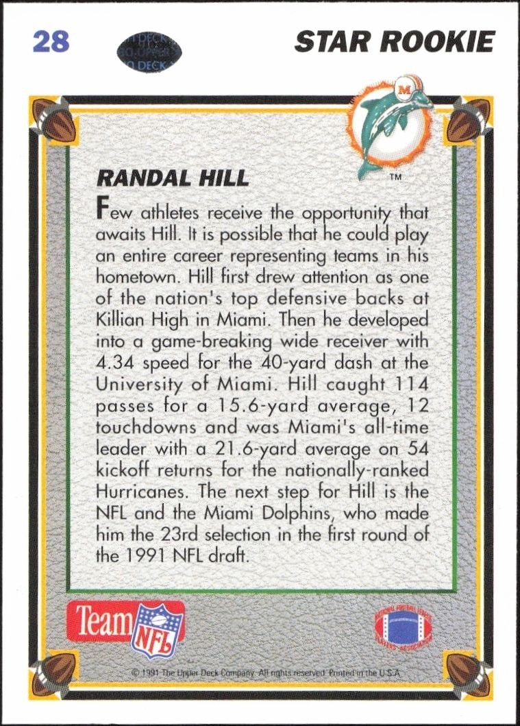 1991 Upper Deck Randal Hill #28 football trading card back