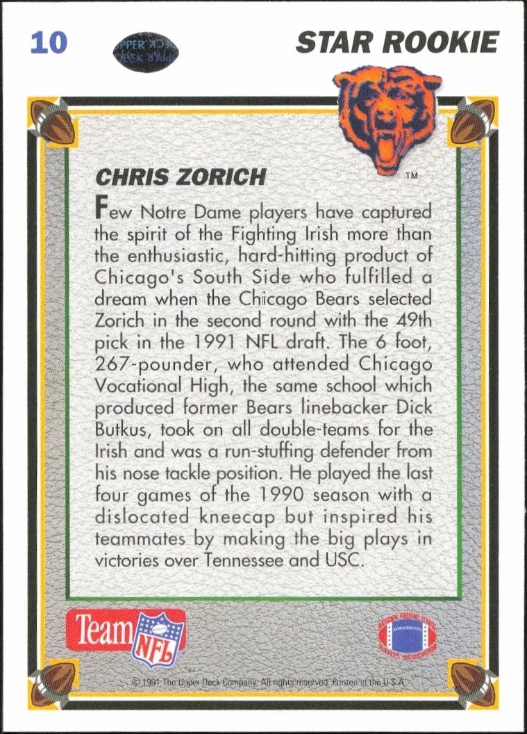 1991 Upper Deck Chris Zorich #10 football trading card back