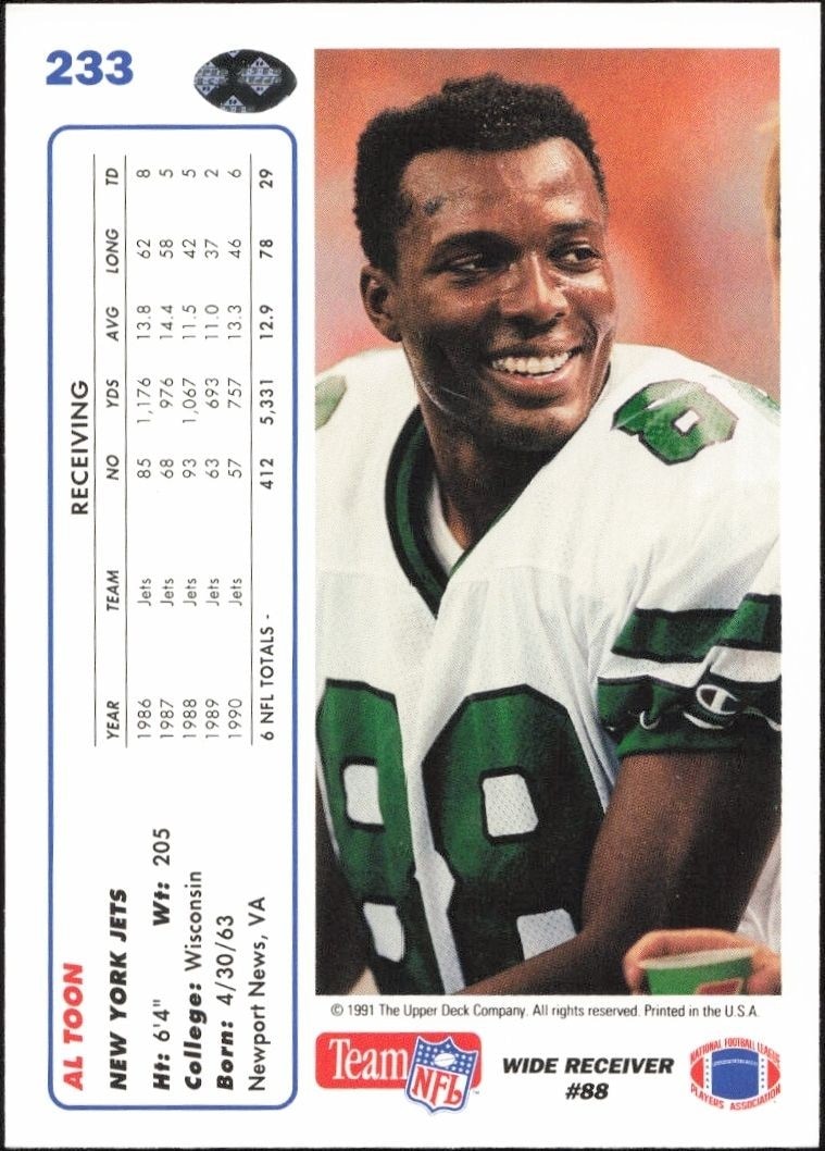 1991 Upper Deck Al Toon #233 football trading card back