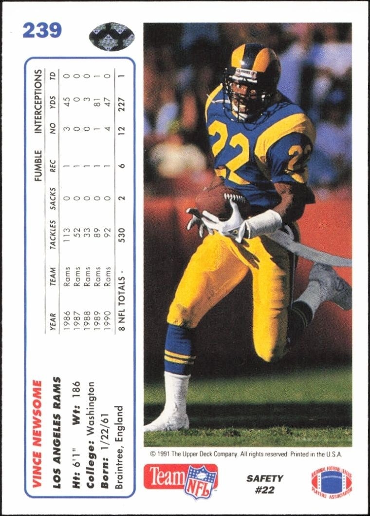 1991 Upper Deck Vince Newsome #239 football trading card back