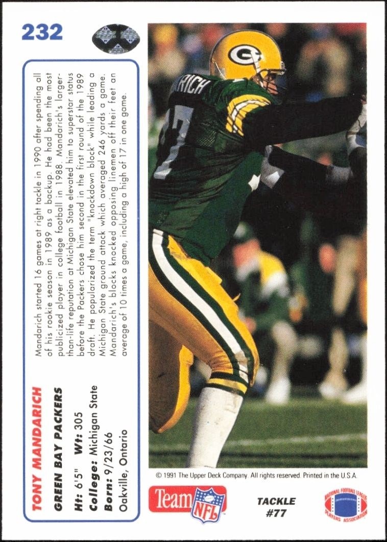 1991 Upper Deck Tony Mandarich #232 football trading card back