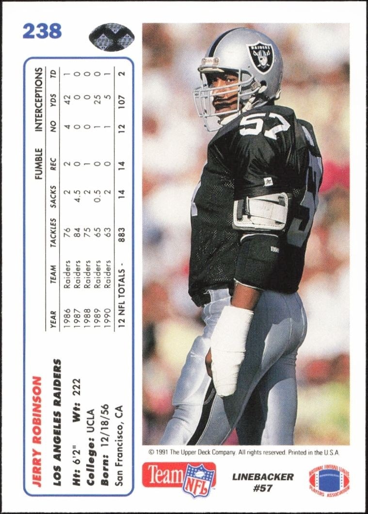 1991 Upper Deck Jerry Robinson #238 football trading card back