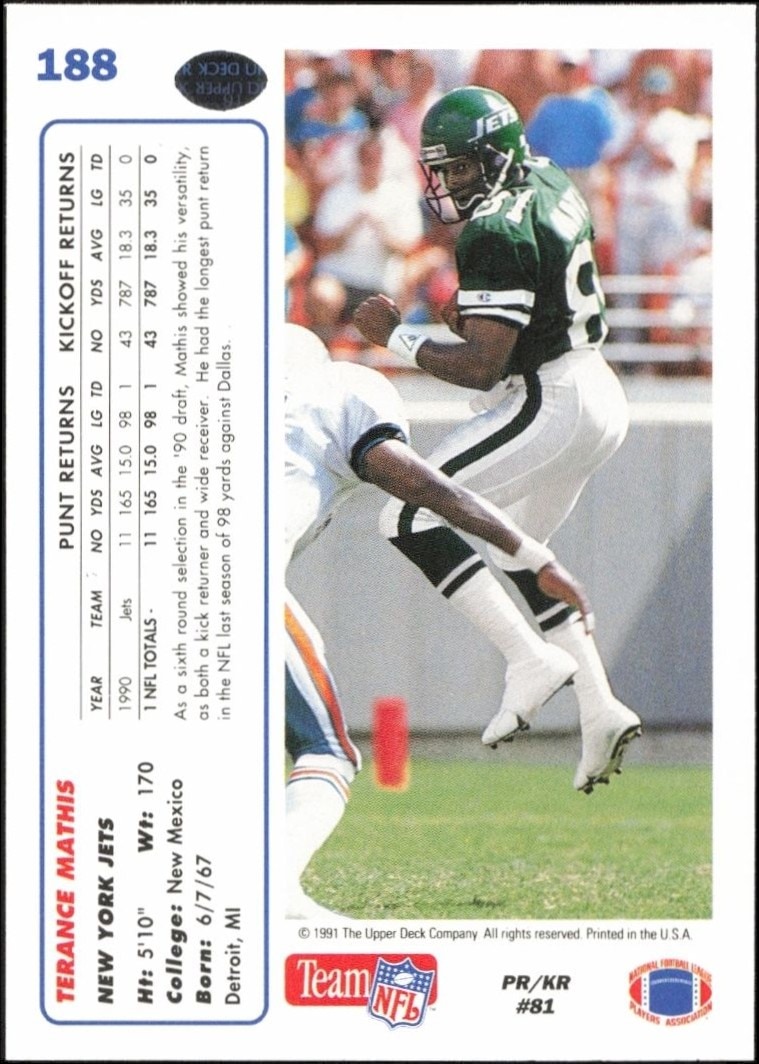 1991 Upper Deck Terance Mathis #188 football trading card back