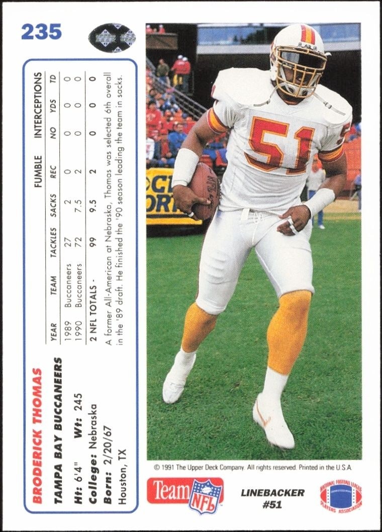 1991 Upper Deck Broderick Thomas #235 football trading card back