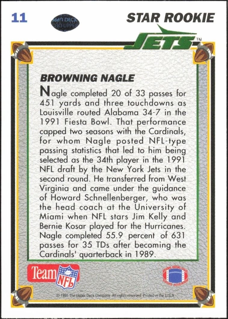 1991 Upper Deck Browning Nagle #11 football trading card back