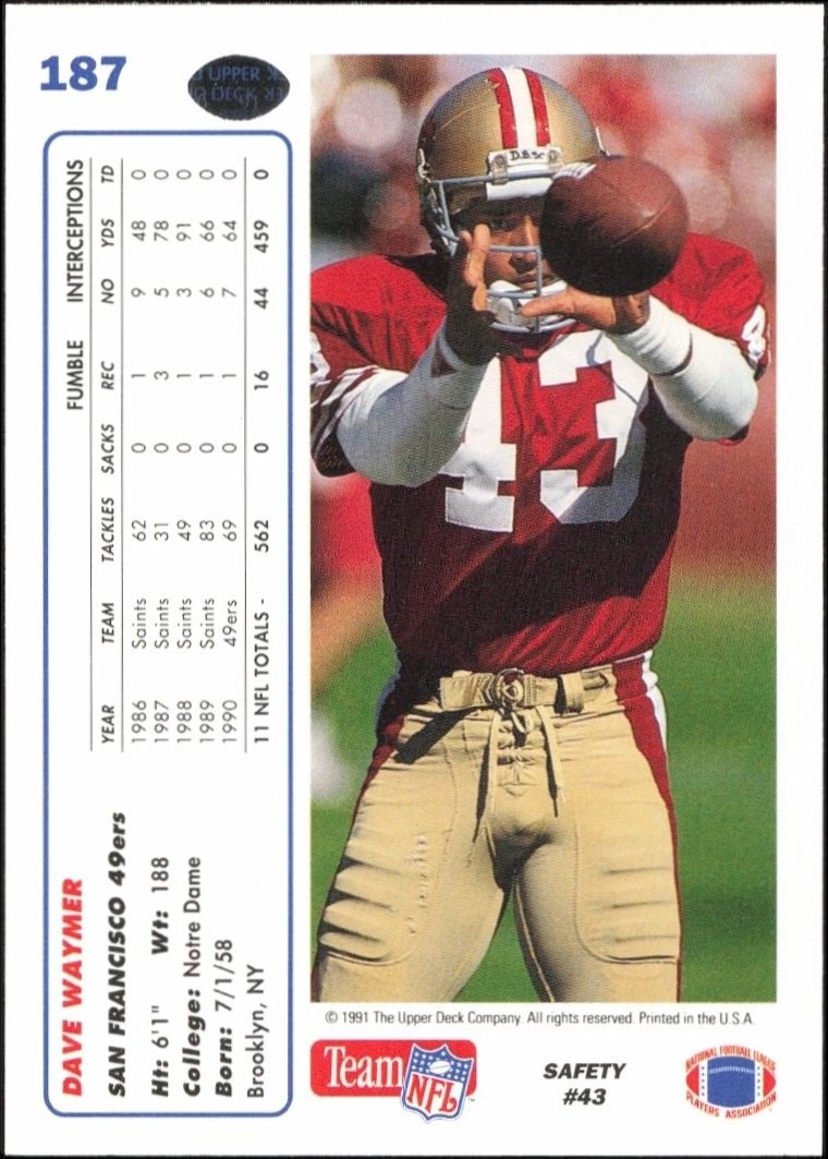1991 Upper Deck Dave Waymer #187 football trading card back
