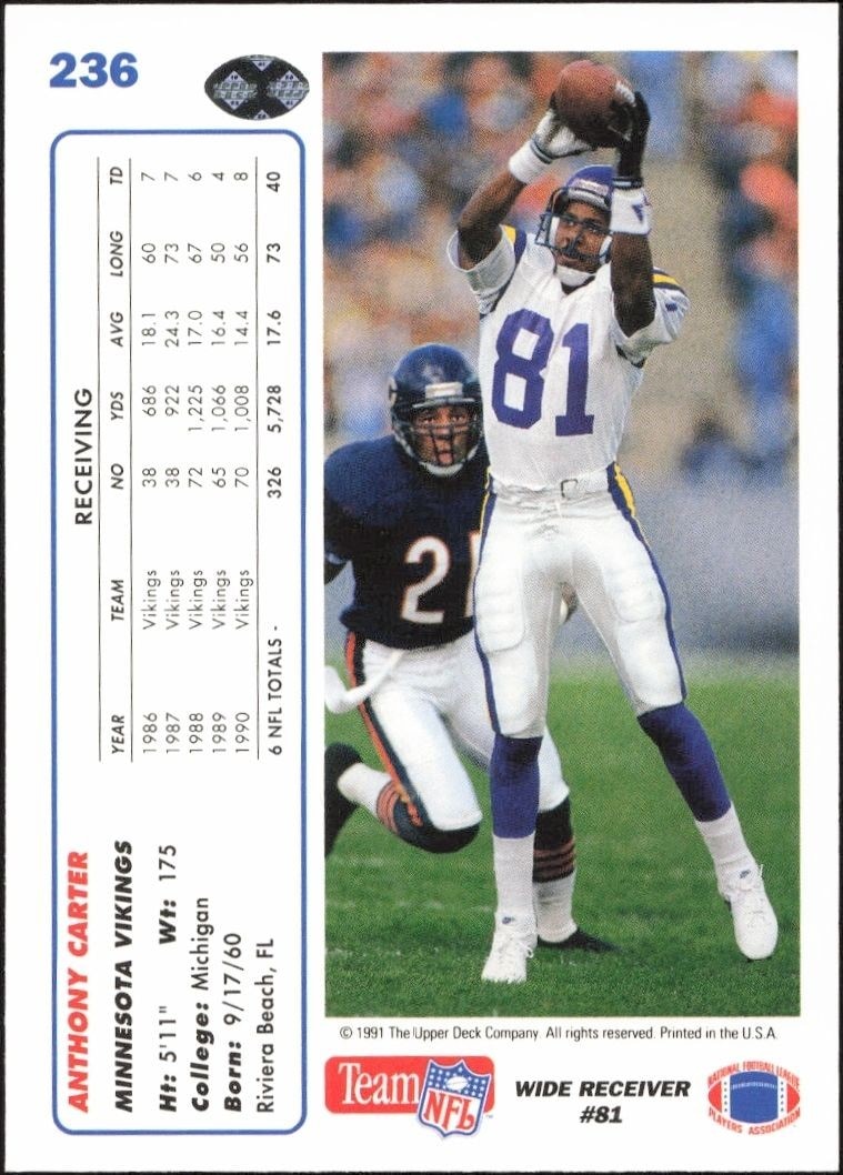 1991 Upper Deck Anthony Carter #236 football trading card back