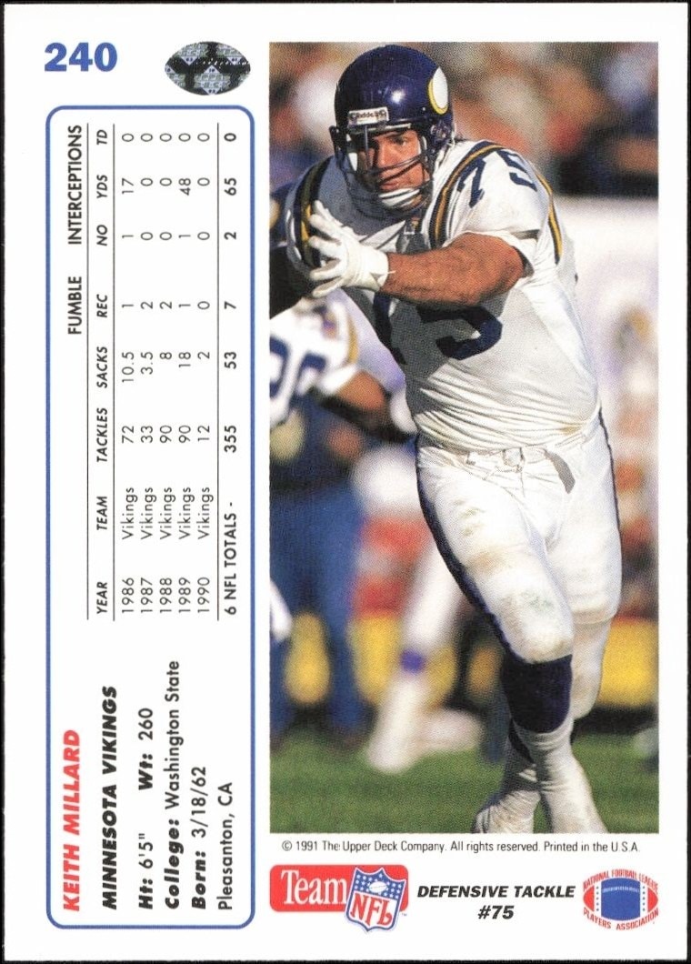1991 Upper Deck Keith Millard #240 football trading card back