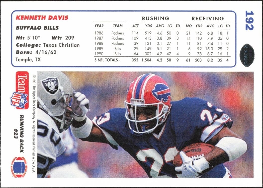 1991 Upper Deck Kenneth Davis #192 football trading card back