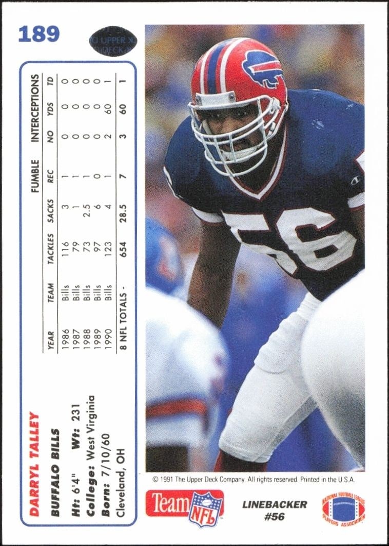 1991 Upper Deck Darryl Talley #189 football trading card back