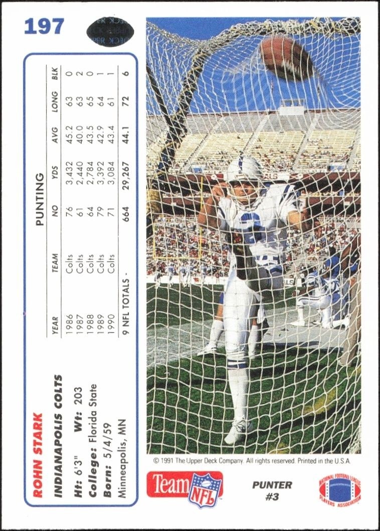 1991 Upper Deck Rohn Stark #197 football trading card back
