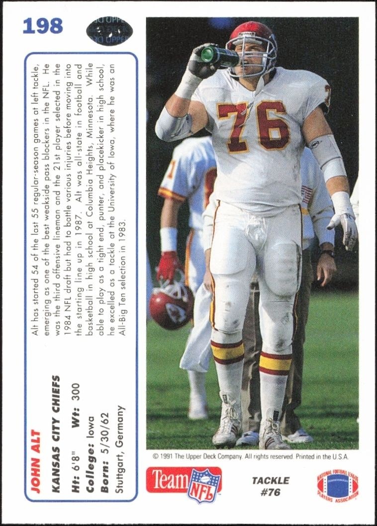 1991 Upper Deck John Alt #198 football trading card back