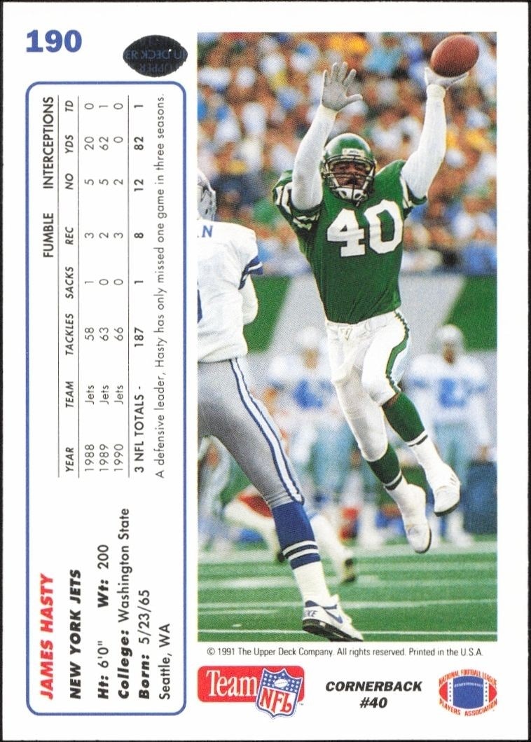 1991 Upper Deck James Hasty #190 football trading card back