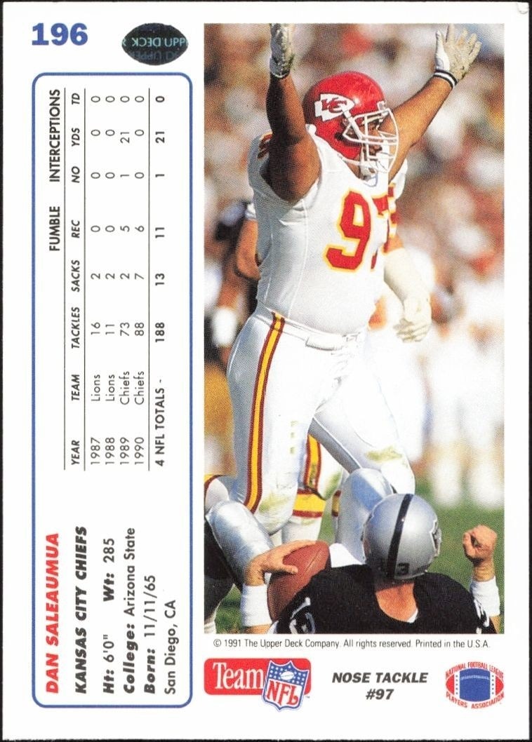 1991 Upper Deck Dan Saleaumua #196 football trading card back