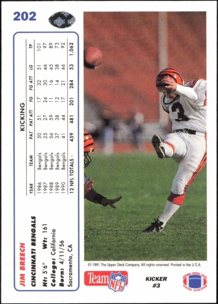 1991 Upper Deck Jim Breech #202 football trading card back
