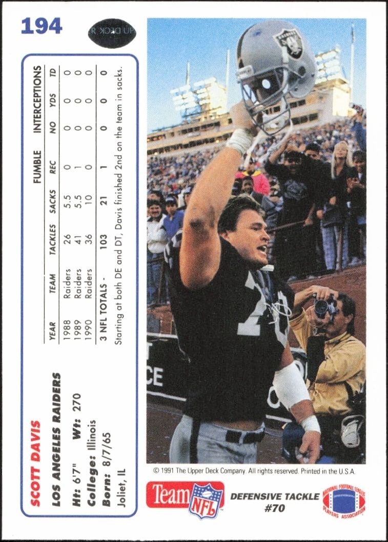 1991 Upper Deck Scott Davis #194 football trading card back