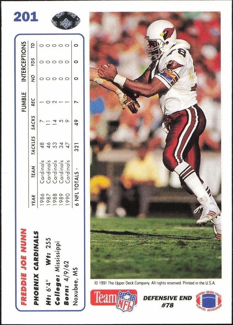 1991 Upper Deck Freddie Joe Nunn #201 football trading card back
