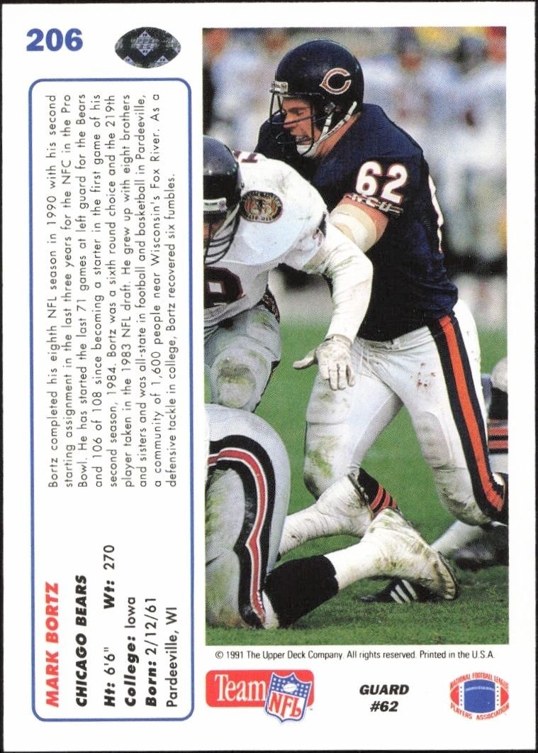 1991 Upper Deck Mark Bortz #206 football trading card back