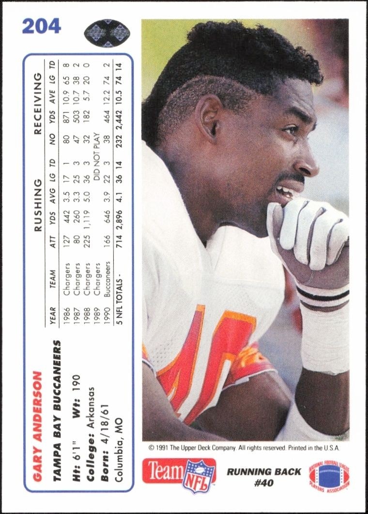 1991 Upper Deck Gary Anderson #204 football trading card back