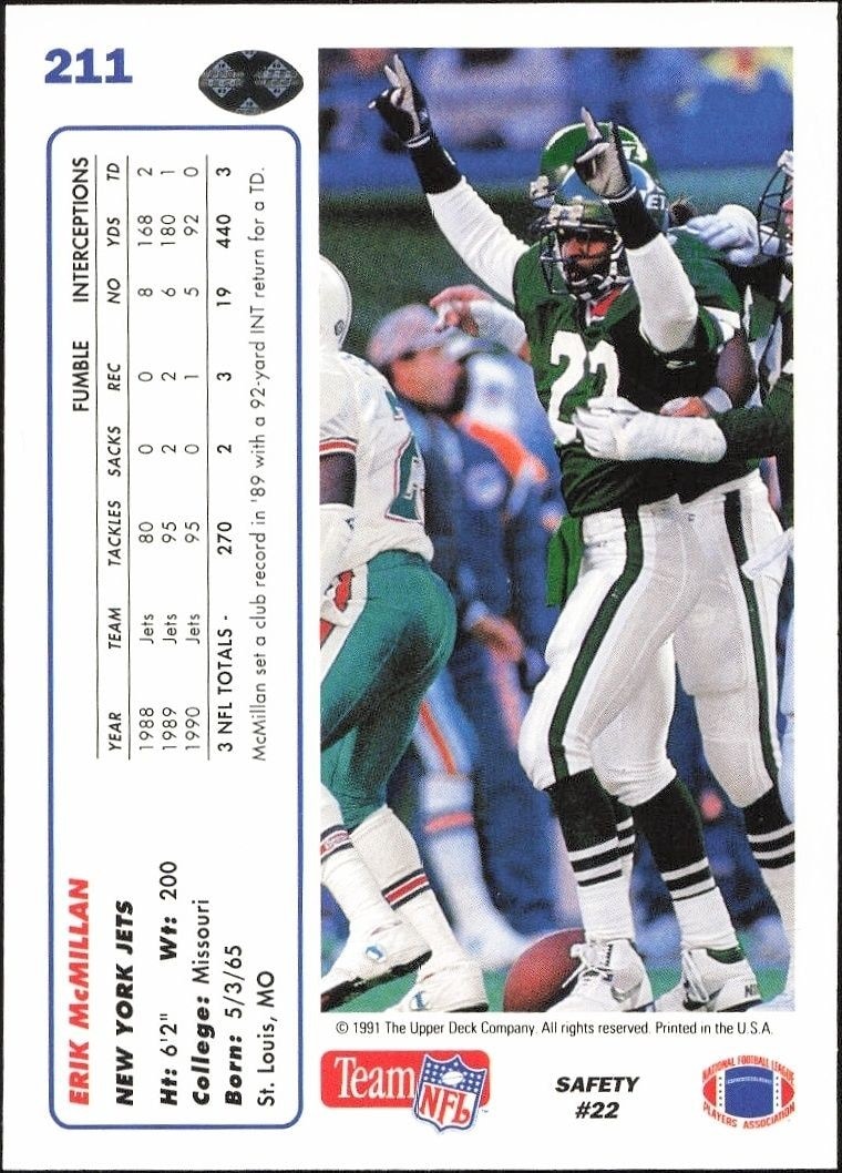1991 Upper Deck Erik McMillan #211 football trading card back