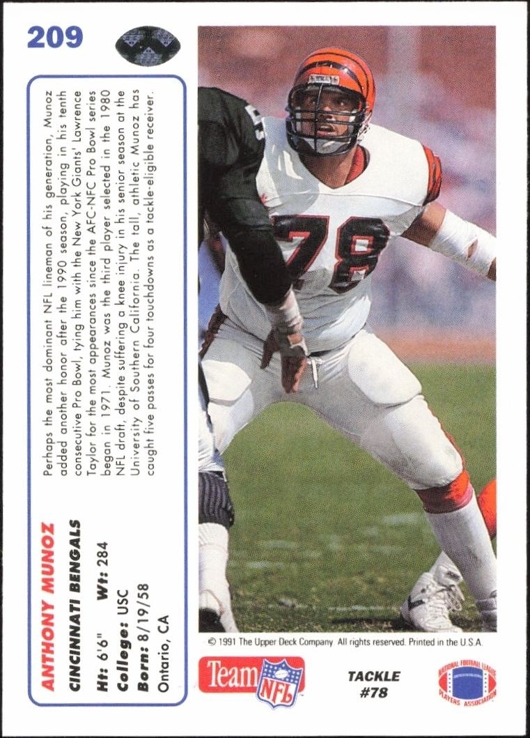 1991 Upper Deck Anthony Munoz #209 football trading card back