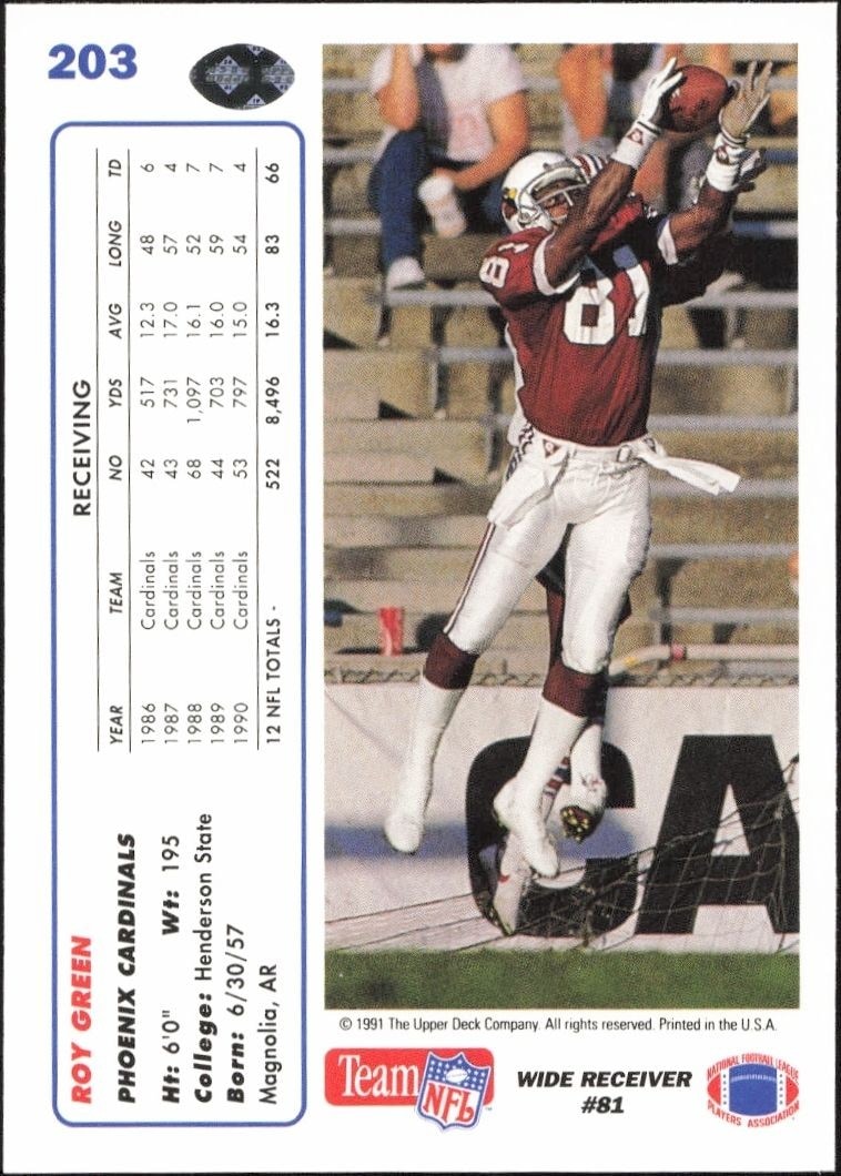 1991 Upper Deck Roy Green #203 football trading card back