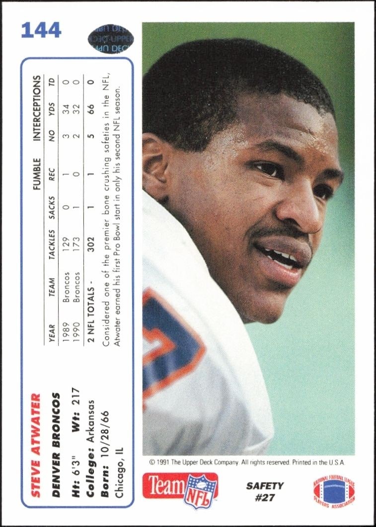 1991 Upper Deck Steve Atwater #144 football trading card back