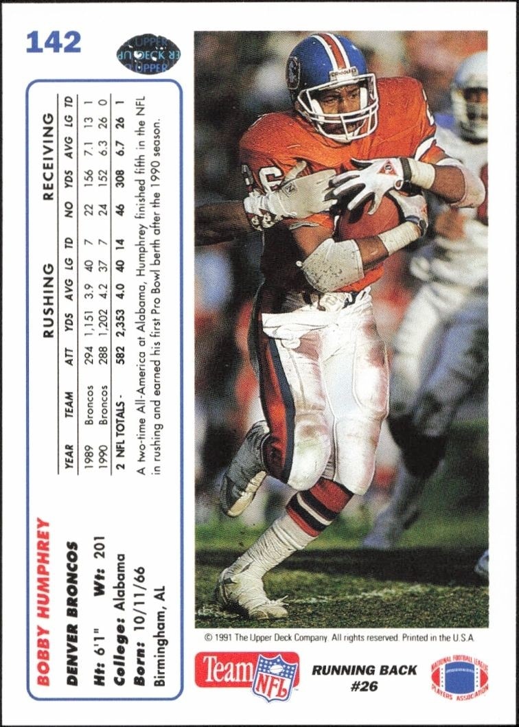 1991 Upper Deck Bobby Humphrey #142 football trading card back