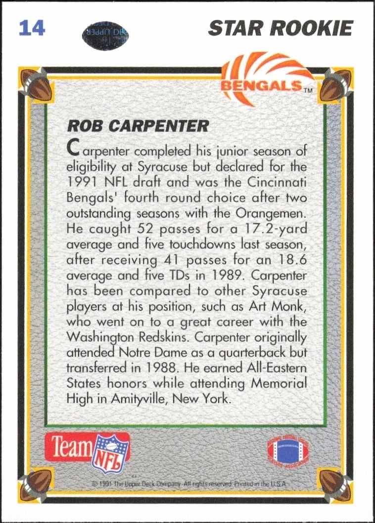 1991 Upper Deck Rob Carpenter #14 football trading card back