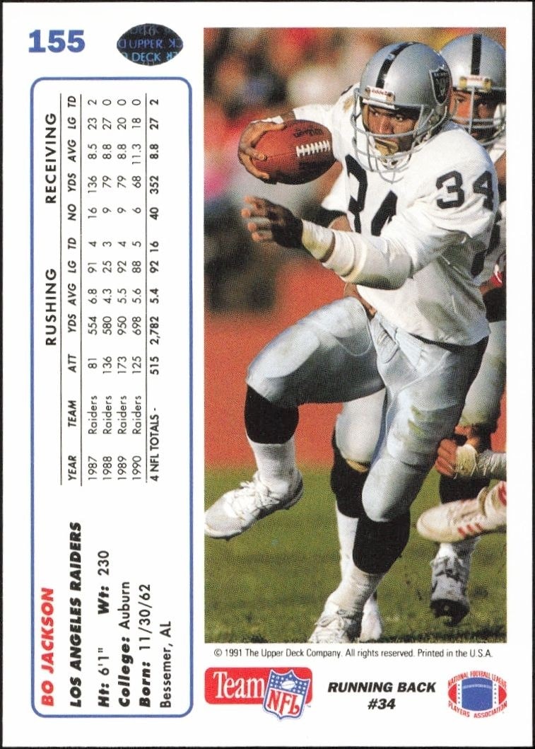 1991 Upper Deck Bo Jackson #155 football trading card back