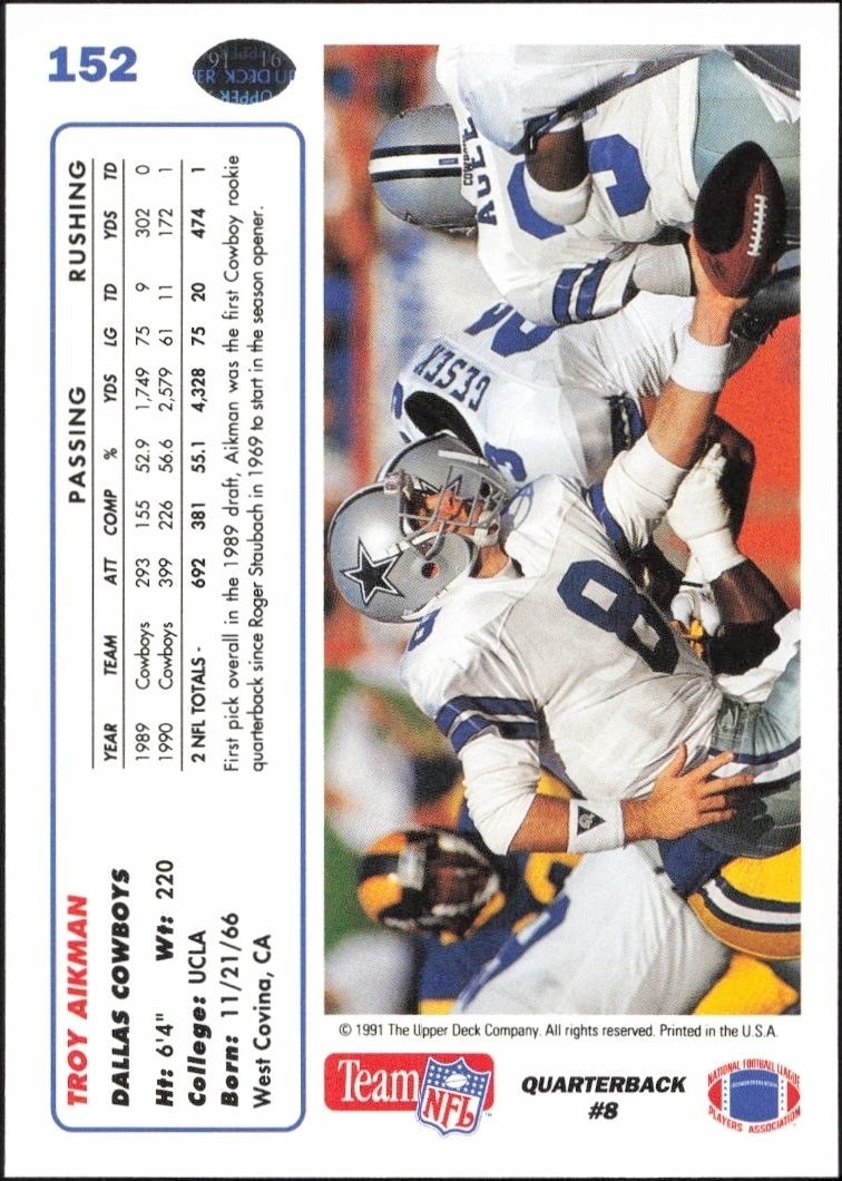 1991 Upper Deck Troy Aikman #152 football trading card back