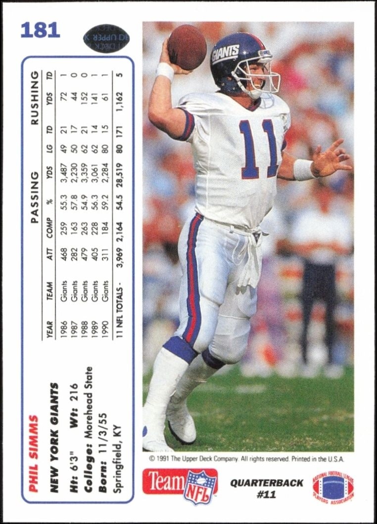 1991 Upper Deck Phil Simms #181 football trading card back