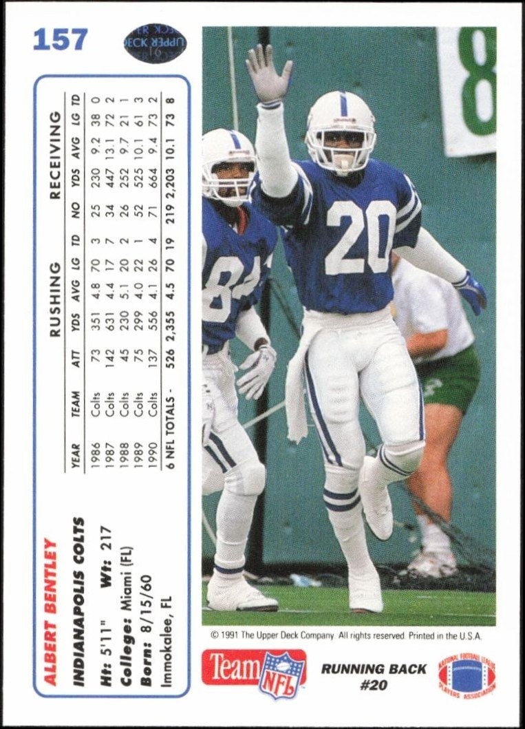 1991 Upper Deck Albert Bentley #157 football trading card back
