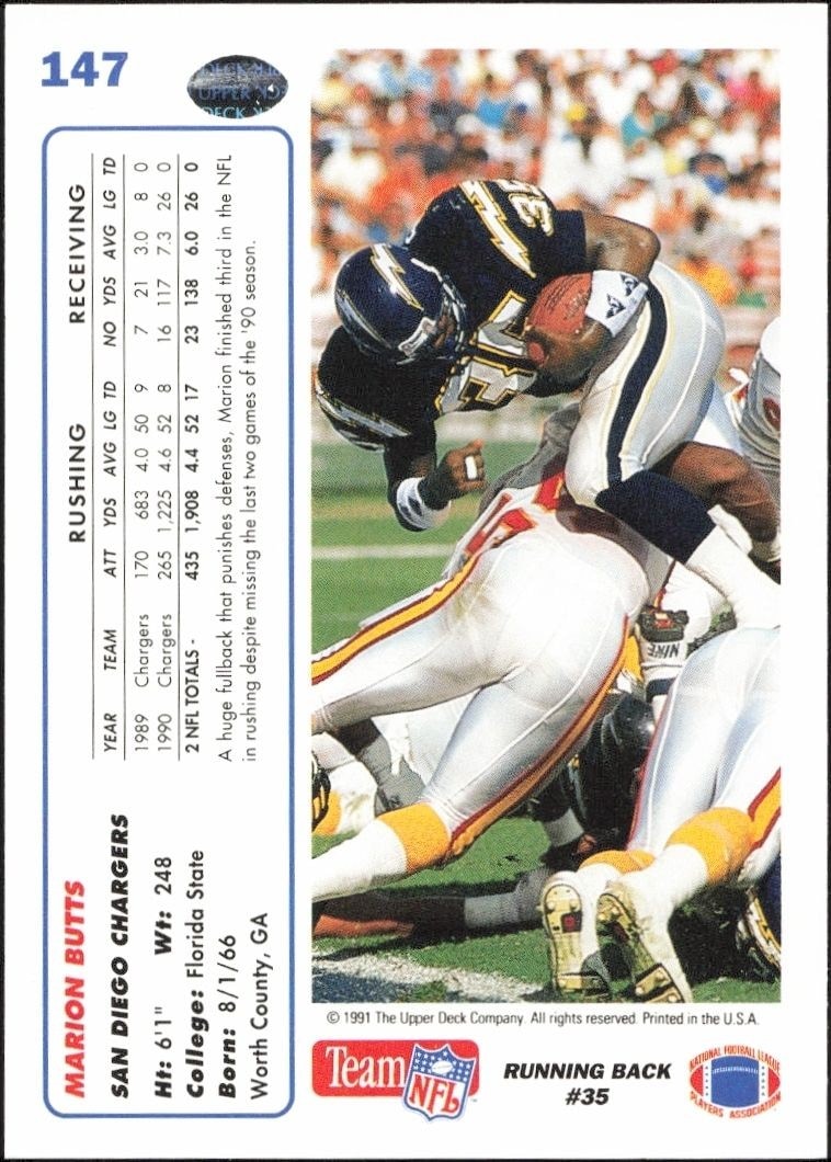1991 Upper Deck Marion Butts #147 football trading card back
