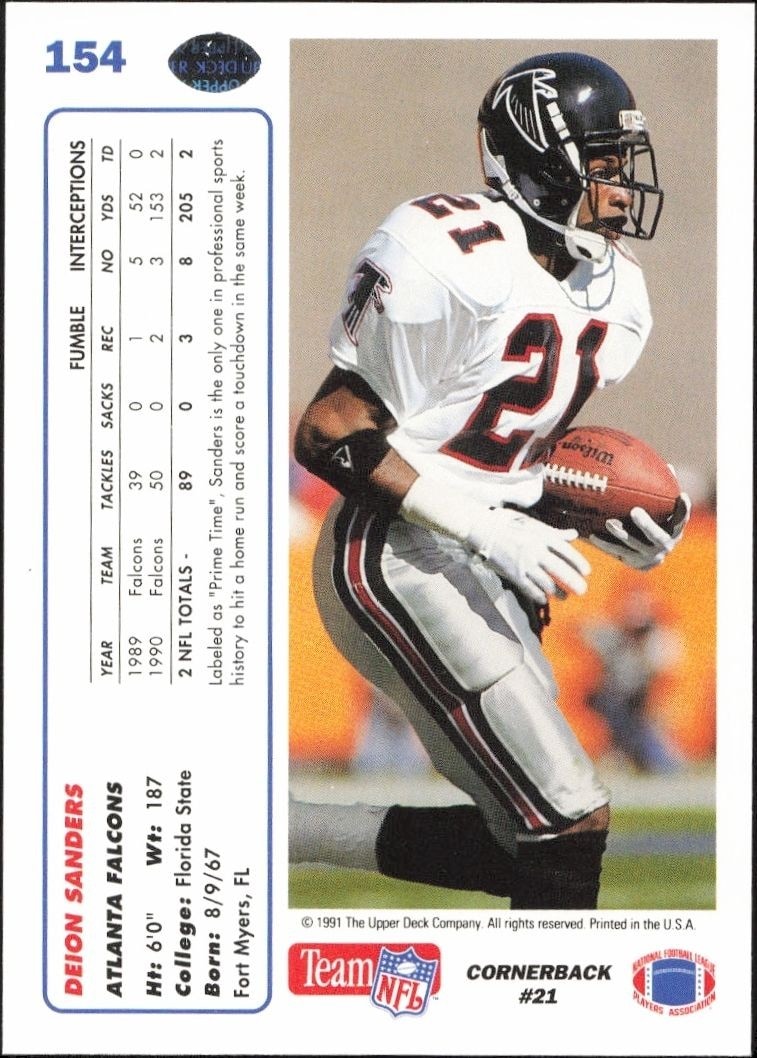 1991 Upper Deck Deion Sanders #154 football trading card back