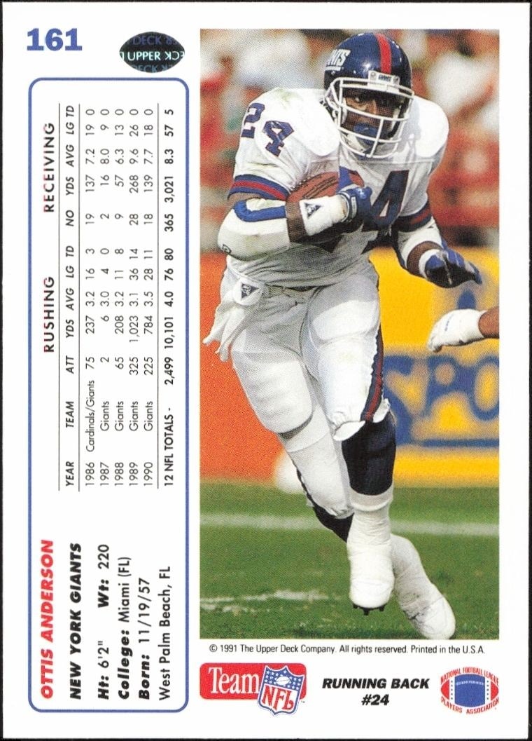 1991 Upper Deck Ottis Anderson #161 football trading card back